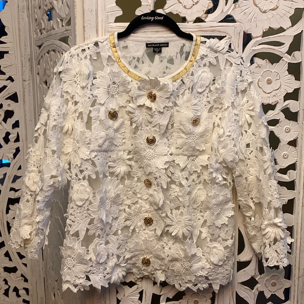 Michael Simon Vintage Floral 3D Appliqué Jacket in white and gold - Large - NWOT